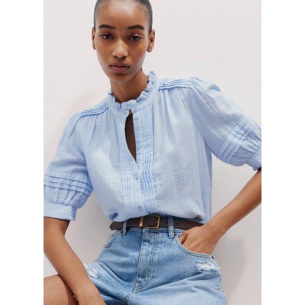 ME+EM Pintuck Ruffle Blouse Womens Size 8 Blue Cotton Puff Sleeve SS24WT926